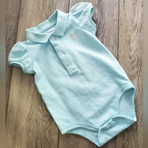 Ralph Lauren baby girls blue mesh polo bodysuit, capped sleeves Size 6M - Picture 1 of 6
